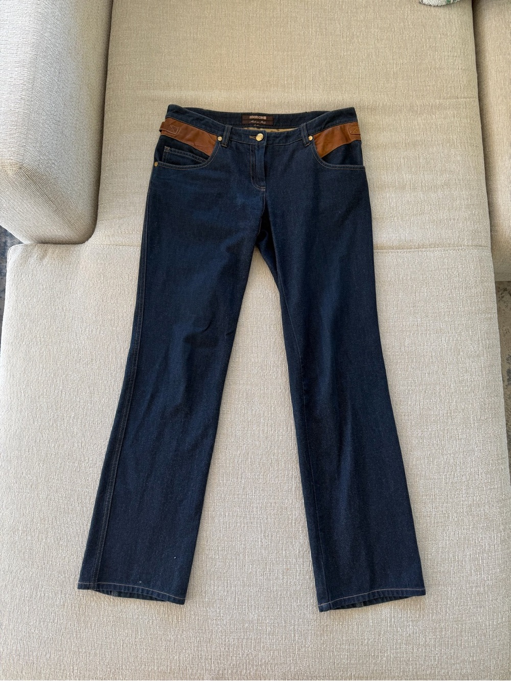 Roberto Cavalli Dark Blue Straight-Leg Jeans with Brown Accents